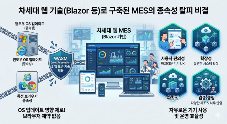 윈도우 업데이트 공포는 끝났다: 차세대 웹 기술(Blazor) MES가 OS 종속성을 완벽히 탈피한 진짜 이유 - 엠이에스코리아