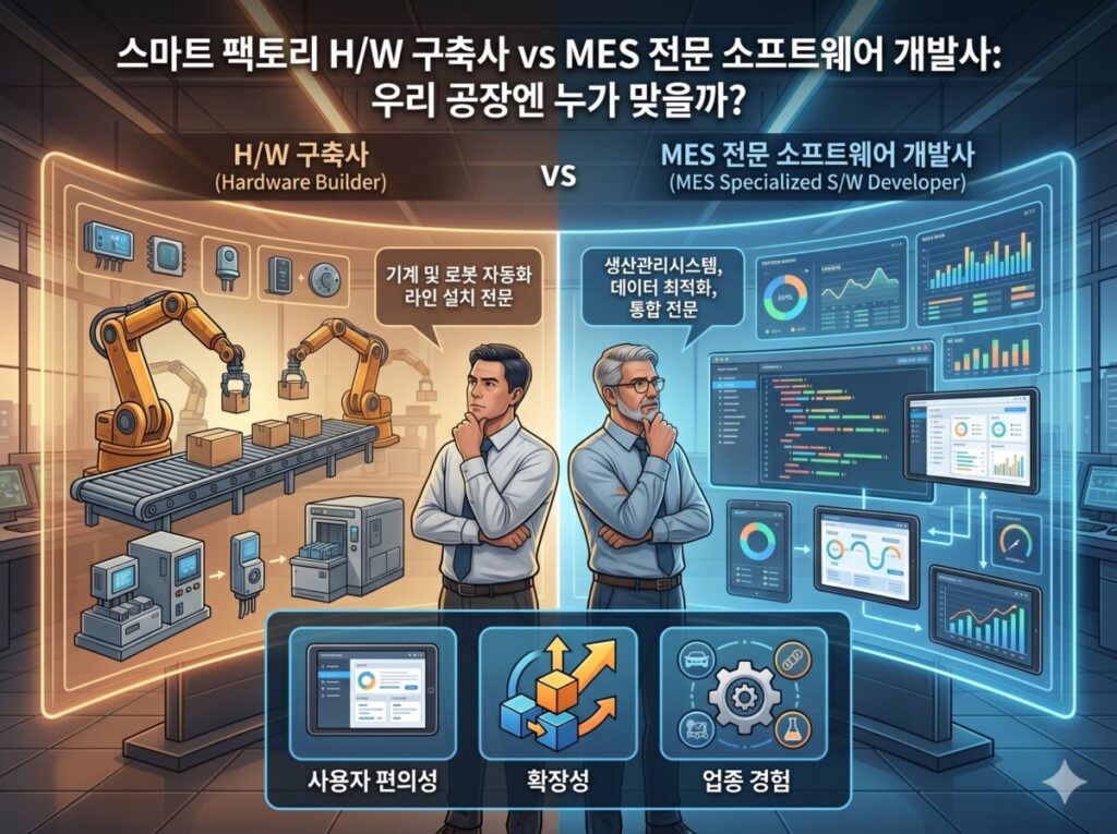 스마트팩토리 하드웨어 구축사 vs MES 전문 개발사: 우리 공장의 운명을 바꿀 진짜 선택 기준 - 엠이에스코리아